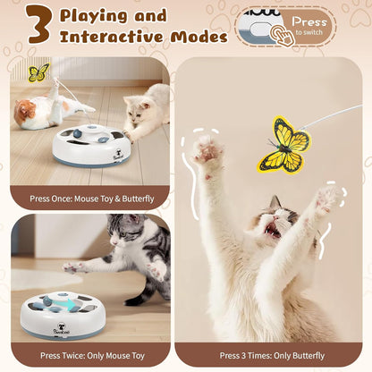 Pawaboo 3-in-1 Automatic Interactive Cat Toy, Electronic Motion Kitten Toy with Fluttering Butterfly Teasers, Track Ball & Random Hide Mouse, USB Rechargeable Cat Teaser Mouse Toys for Indoor Kitties