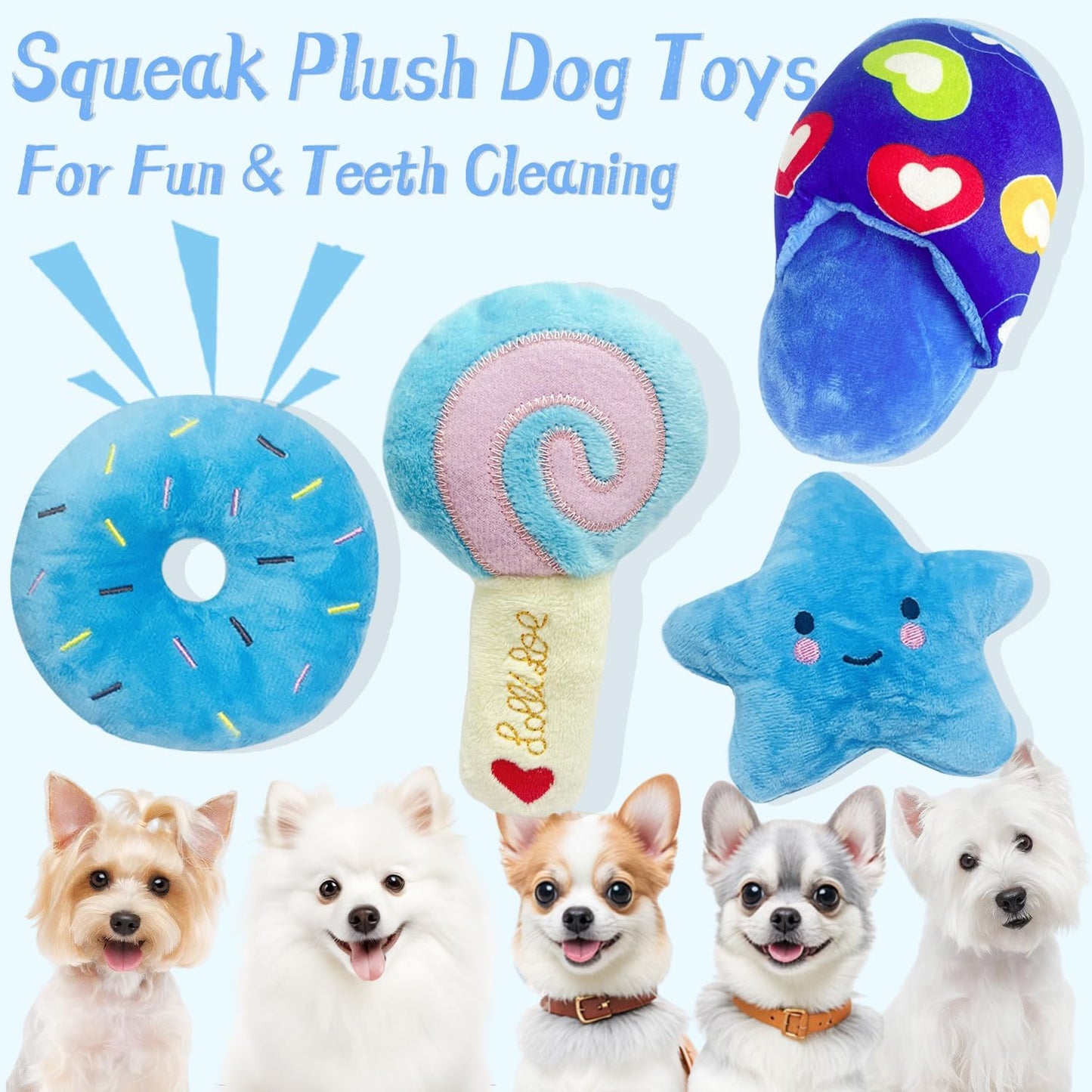 Dog Toys for Small Dogs, 4 Packs Cute Chew Toys for Puppy, Durable Soft Plush Interactive Small Dog Toys, Blue Stars Designs, Doggie Birthday Gifts