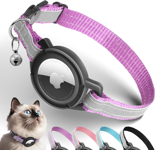 Airtag Cat Collar Breakaway, Odokele Reflective Cats Collars with Apple Air Tag Holder for Kitten, Cat GPS Tracker Adjustable Collars with Safety Quick Release Buckle for Kitties and Puppies - Purple