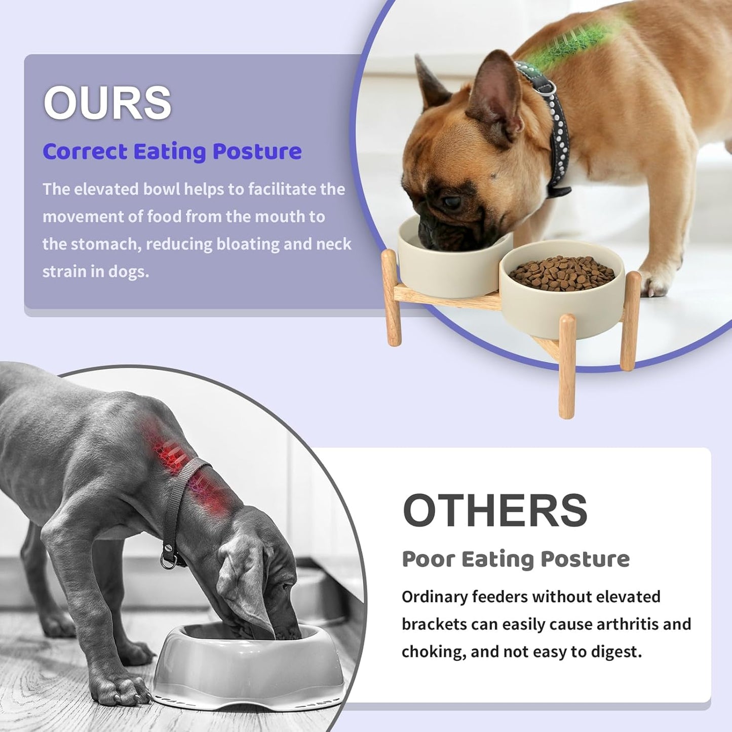 SPUNKYJUNKY Ceramics Elevated Dog Bowls with Wooden Stand Raised Dog Bowl for Medium Large Dog Food and Water Pet Feeding Bowl(Double 60OZ Bowls,Grey)