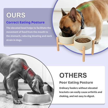 SPUNKYJUNKY Ceramics Elevated Dog Bowls with Wooden Stand Raised Dog Bowl for Medium Large Dog Food and Water Pet Feeding Bowl(Double 60OZ Bowls,Grey)