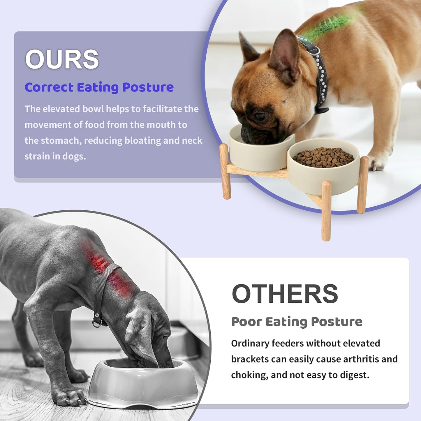 SPUNKYJUNKY Ceramics Raised Dog Bowls with Wooden Stand Elevated Dog Bowl for Small Medium Dog Food and Water Pet Feeding Bowl(Double 28.7OZ Bowls,Grey)