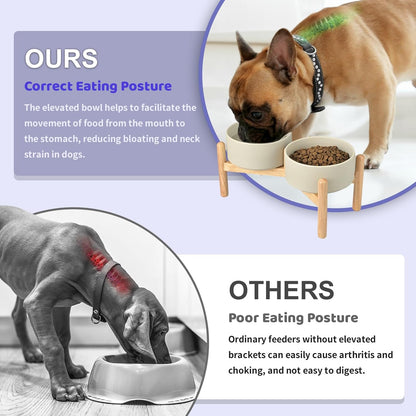 SPUNKYJUNKY Ceramics Raised Dog Bowls with Wooden Stand Elevated Dog Bowl for Small Medium Dog Food and Water Pet Feeding Bowl(Double 28.7OZ Bowls,Grey)