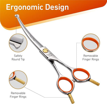 Fenice Peak 6'' Small Curved Scissors Lightweight Dog and Cat Grooming Scissors with Safety Round Tip JP440C Stainless Steel Sharp Blades for Body Facial Nose Ear and Paw Hair Easy Use
