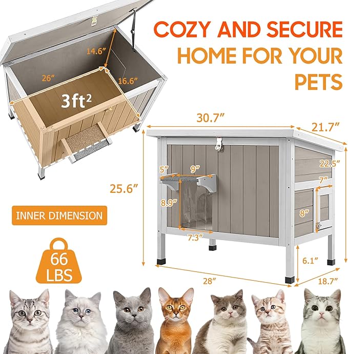 PetsCosset Insulated Cat House Outdoor Weatherproof Feral Cat Shelter for Winter, All-Round Foam Insulation Wooden Pet House for Outdoor Cat with Raised Base, Openable Roof (30.7"L x 21.7"W x 25.6"H)