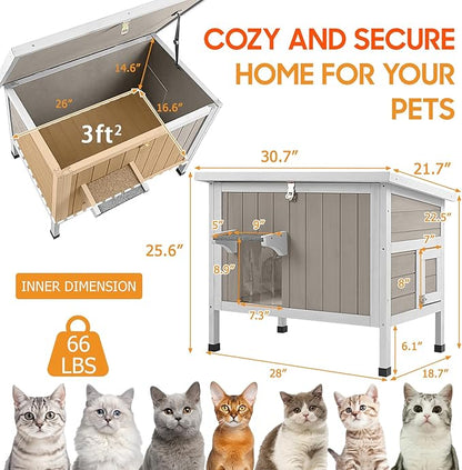 PetsCosset Insulated Cat House Outdoor Weatherproof Feral Cat Shelter for Winter, All-Round Foam Insulation Wooden Pet House for Outdoor Cat with Raised Base, Openable Roof (30.7"L x 21.7"W x 25.6"H)
