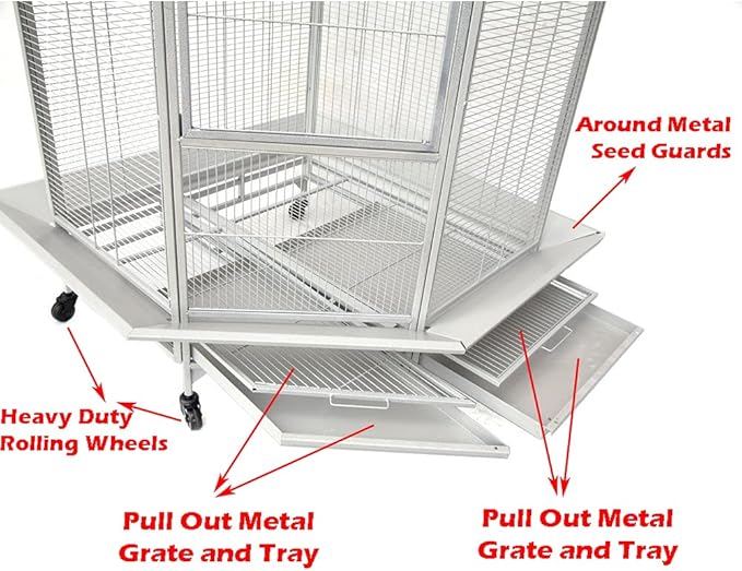 64" Extra Large Corner Flight Bird Parrot Cage for Cockatiel Parakeet Budgies Parrot with Around Metal Seed Skirts, Tight 1/2-Inch Bar Spacing (WhiteVein)