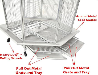 64" Extra Large Corner Flight Bird Parrot Cage for Cockatiel Parakeet Budgies Parrot with Around Metal Seed Skirts, Tight 1/2-Inch Bar Spacing (WhiteVein)