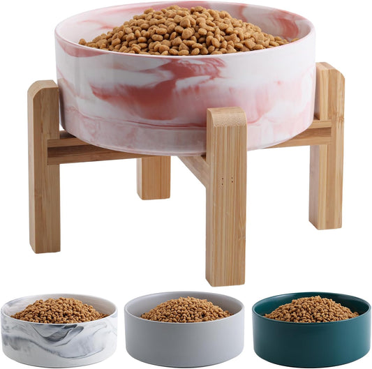 Elevated/Raised Dog Bowl Ceramic for Small Medium Sized Breed,Dog Food Water Bowl with Stand,6 in 3.6 Cups Non Slip Heavy Weighted Marble Pink