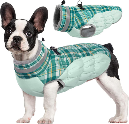 FUAMEY Dog Coat for Small Dogs,Waterproof Dog Winter Jacket with Harness Built in Puppy Cold Weather Coats Reflective Pet Vest with Zipper Warm Fleece Dogs Snowsuit Windproof Green Plaid S
