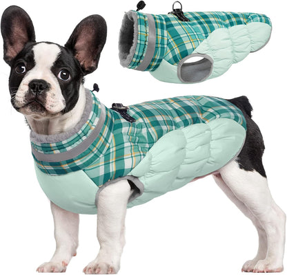 FUAMEY Dog Coat for Medium Dogs,Waterproof Dog Winter Jacket with Harness Built in Puppy Cold Weather Coats Reflective Pet Vest with Zipper Warm Fleece Dogs Snowsuit Windproof Green Plaid M