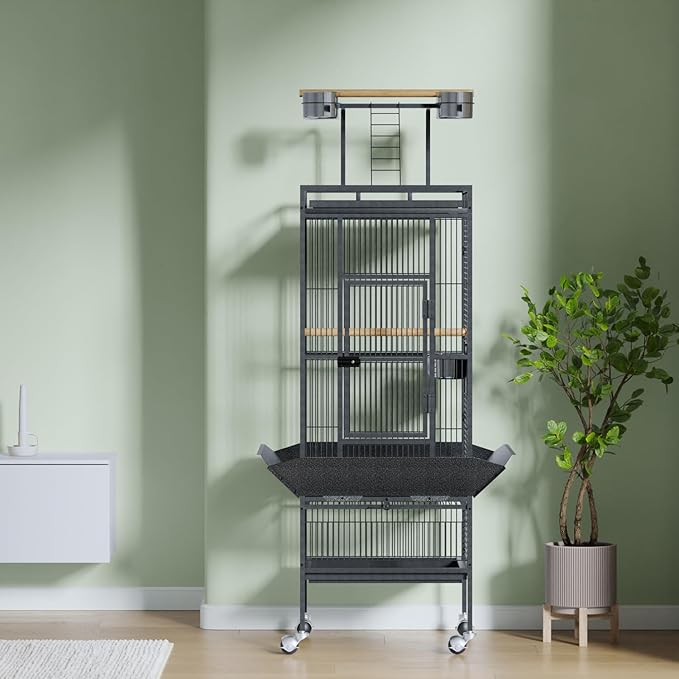 61-Inch Large Parrot Bird Cages with Rooftop Playground, Rolling Caster Wheels, Wrought Iron Birdcage for Small Medium Parrots, Macaws, Cockatoos – Indoor/Outdoor Use for Homes, Aviaries