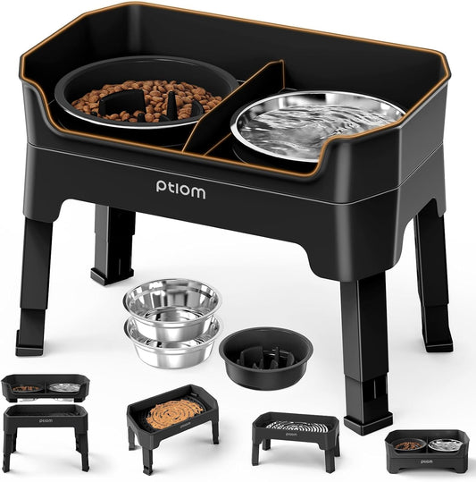 KPWACD 4-in-1 Elevated Slow Feeder Dog Bowls, 4 Height Adjustable Mess Proof Raised Dog Bowl Stand with Licking Plate, 2 Stainless Steel Doggy Food Bowl & Slow Feeder for Large Medium Small Pets