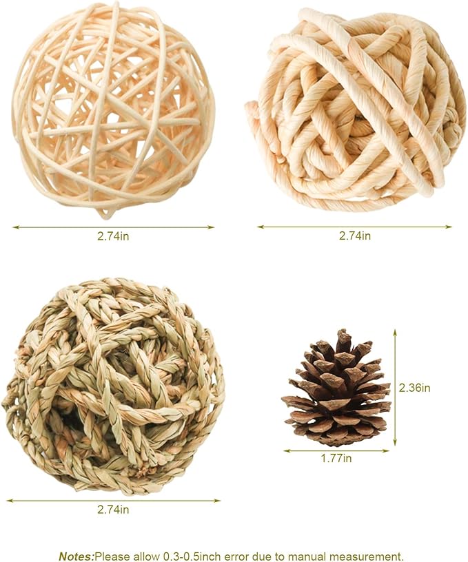 8 Pcs Small Animals Play Balls Rolling Activity Chew Toys Gnawing Treats for Rabbits Guinea Pigs Chinchilla Bunny Natural Balls, Pet Cage Entertainment Accessories (8 Pcs+ Pine Cone)