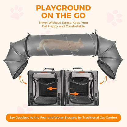 PETUX 2-in-1 Double Cat Carrier for Multiple Cats - Large Cat Travel Carrier with Litter Box, Play Tunnels, and Hammock - Portable Pet Carriers for Long Car Trips ＆ Vet Visit (34"x17"x17", Grey)
