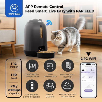 PAPIFEED Automatic Cat Feeder, 2.4G WiFi Auto Cat Food Dispenser with App Control, 3L Auto Pet Feeder with Dual Power Supply, Detachable for Easy Clean for Cats and Small Dogs, Black