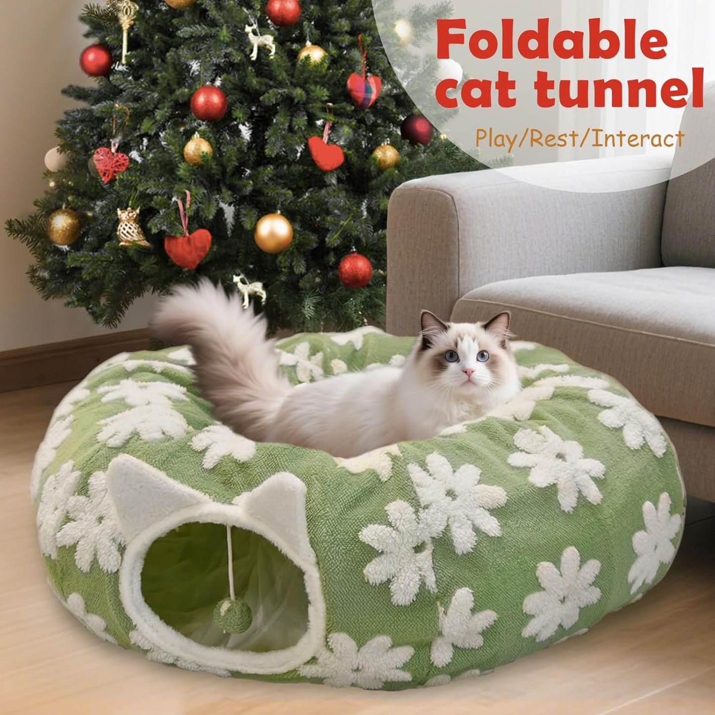 Cat Tunnel Bed for Indoor Cats, Soft Plush Donut Peekaboo Cat Cave, Multifunctional Playground Toy for Small Medium Large Cats, Kittens, Rabbits, Ferrets, with Washable Cushion(Green)