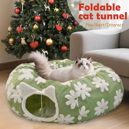 Cat Tunnel Bed for Indoor Cats, Soft Plush Donut Peekaboo Cat Cave, Multifunctional Playground Toy for Small Medium Large Cats, Kittens, Rabbits, Ferrets, with Washable Cushion(Green)