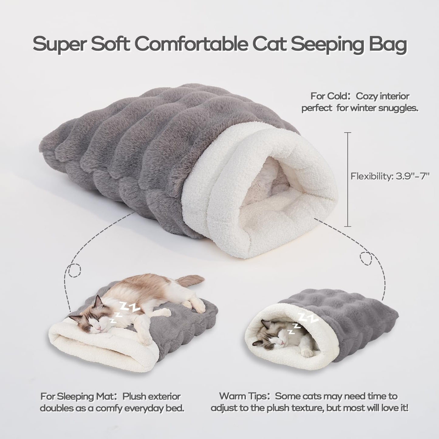 Cat Sleeping Bag 4 in 1 Function Snuggle Bag Blanket Mat Cozy Soft Warm & Washable (Small Cats) Cave Grey 21 × 17 Inch