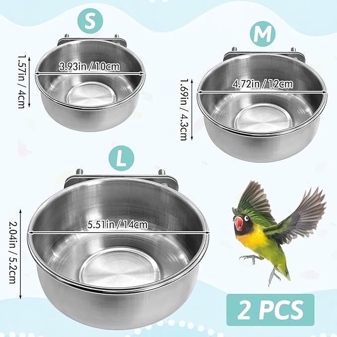 PINVNBY 2PCS Stainless Steel Bird Bowl Parrot Food Water Bowls with Clamp Holder Bird Feeder Dish Cups Crate Bowls for Cockatiel Pigeons Conure Budgies African Greys (Double Screws Size: L)