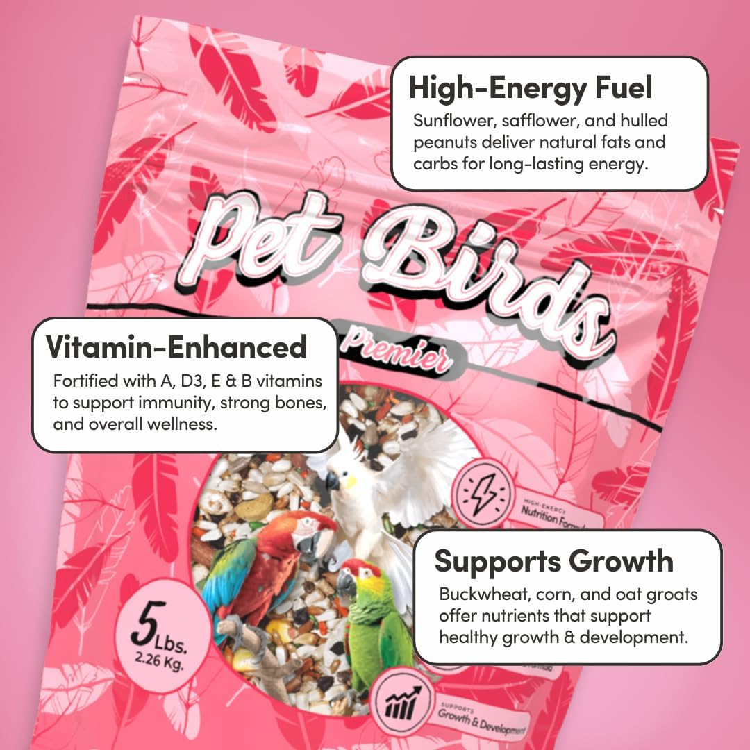 Mycelium Organic Pet Bird Premier Bird Seed (5 LBS) | Premium Food for Parrots, Cockatoos, & Large Birds | High-Protein, Vitamin-Fortified, Growth & Development Support | USA Made, Non-GMO