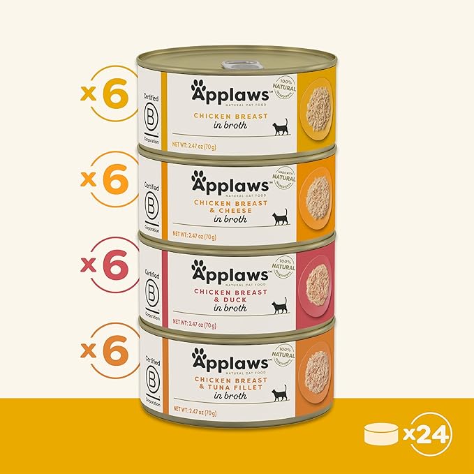 Applaws Natural Wet Canned Cat Food, Limited and Natural Ingredients, High Protein with No Artificial Additives, Chicken Selection Variety Pack in Broth (24 x 2.47oz Cans)