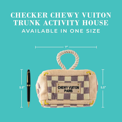 Haute Diggity Dog Checker Chewy Vuiton Trunk Activity House, Plush Designer Dog Toys with Interactive Squeaker, Stimulating Pet Enrichment, Machine-Washable & Safe Materials for All Breeds, One Size
