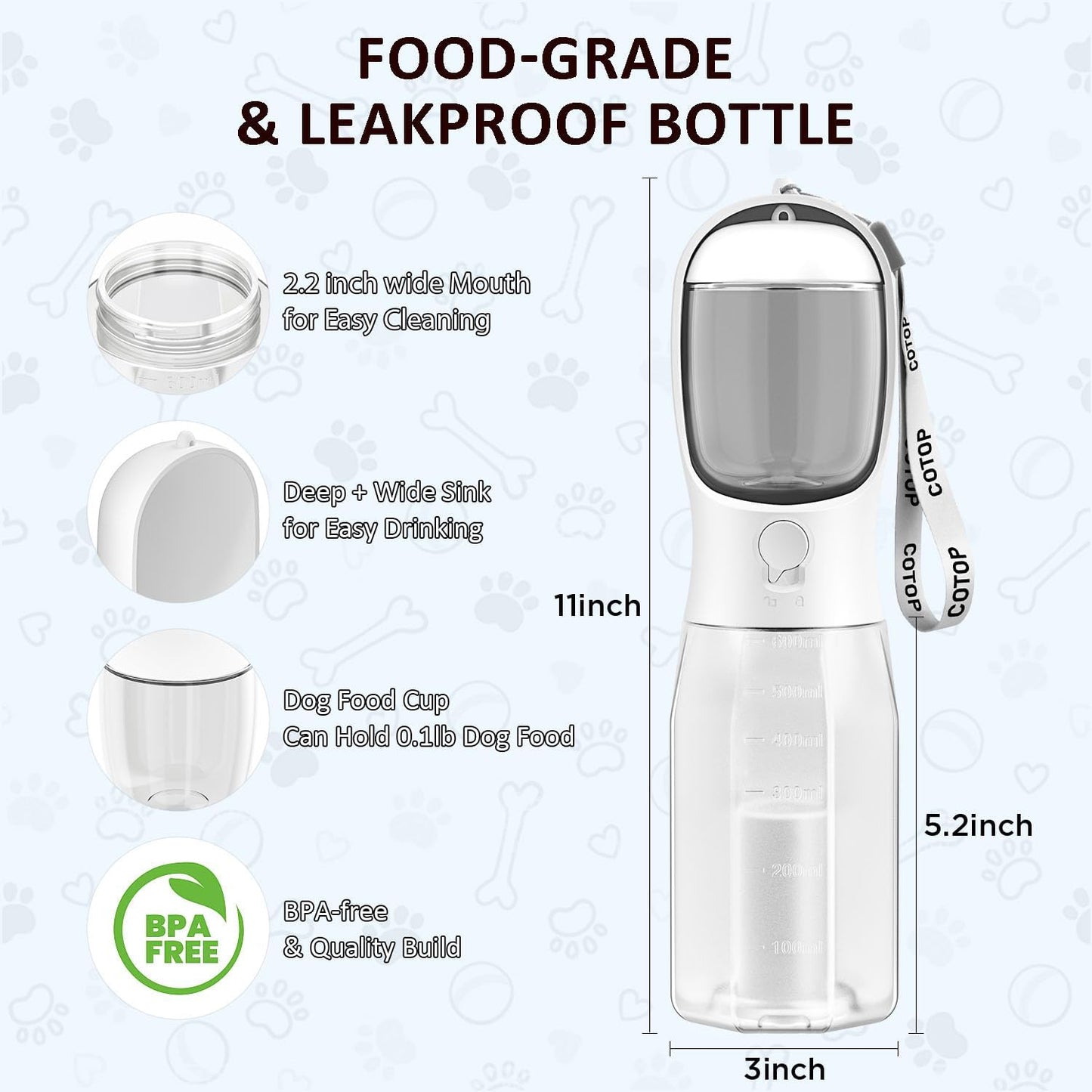 20oz Dog Water Bottle with Food Container & Poop Bag Dispenser | Leak-Proof Portable Pet Water Dispenser with Carabiner Clip | for Walking, Hiking, Travel (White, 20oz)