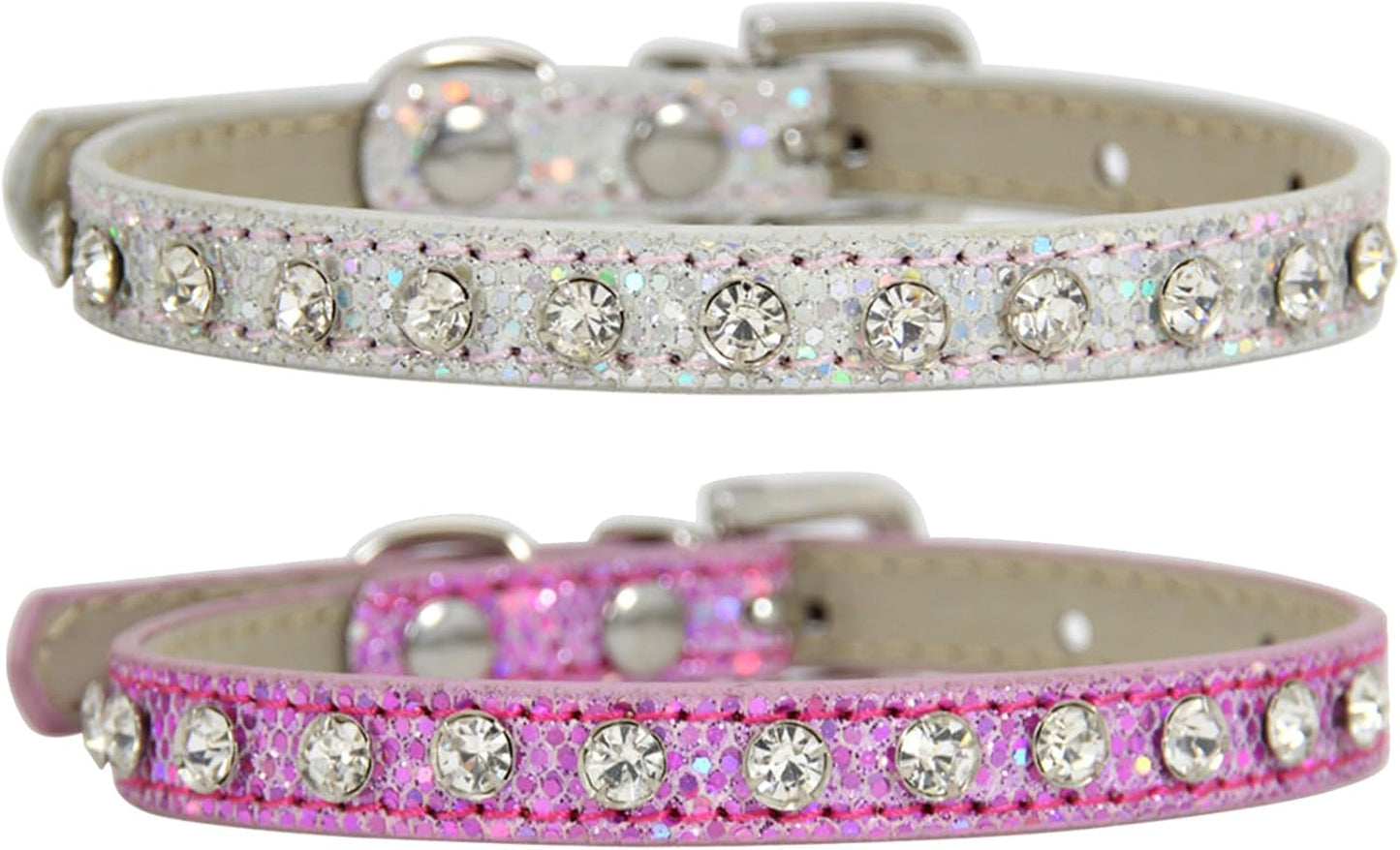 2 Pack Cat Collar Rhinestone Bling Cute Cat Collars Accessories for Pet Collars Adjustable Ideal for Girl Cats Male Cats(Silvery Pink)