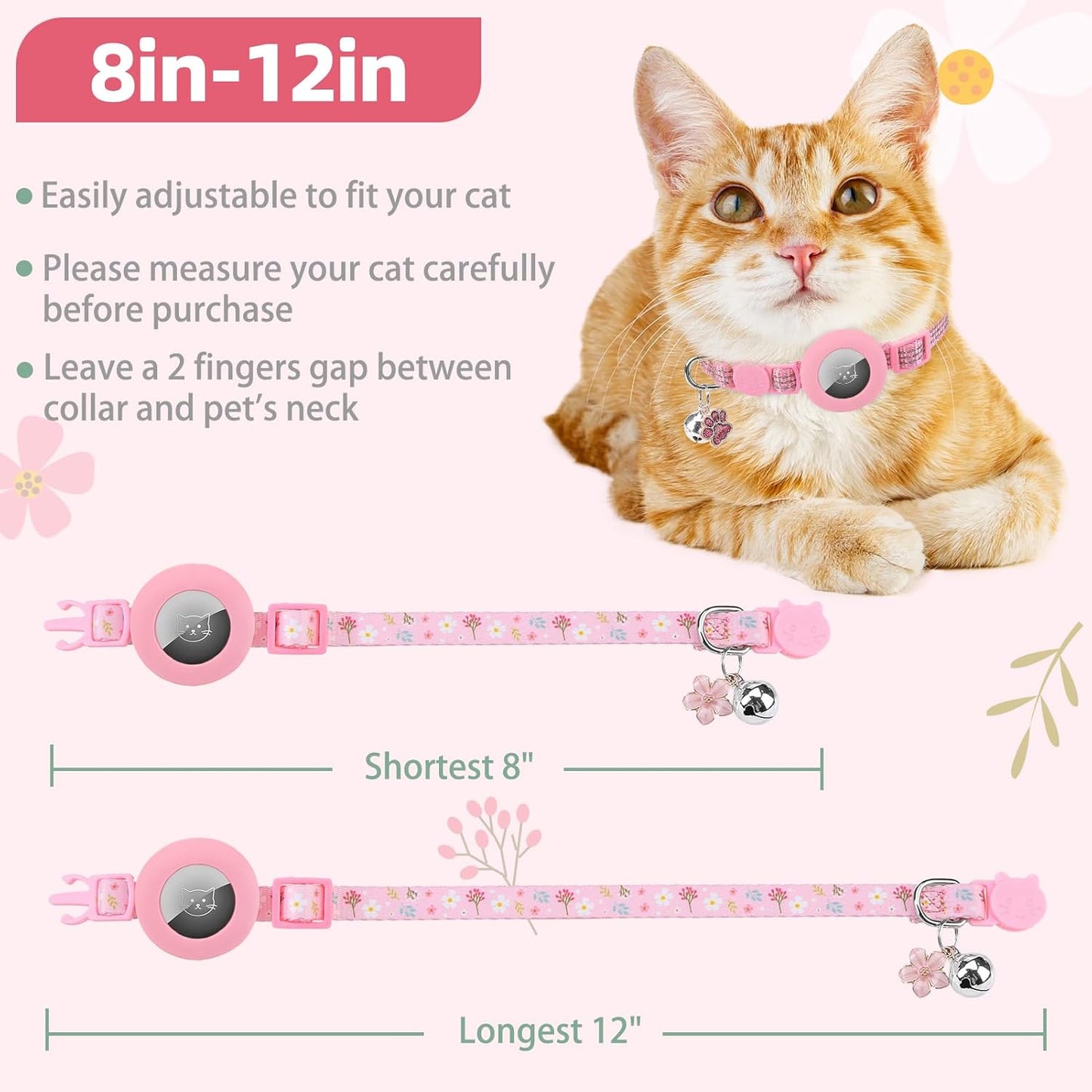 PUPTECK Airtag Cat Collar Breakaway 2 Pack with Bells, Reflective Kitten Collar with Air Tag Holder for Boy Girl Kitty and Puppies, Soft, Pink