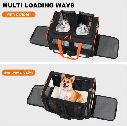 22''(L) x 16''(W) x 14''(H) Large Double pet Carrier for 2 Small-Medium Cats and car Travel,with a Removable Divider,Large Loading top,4 Pockets and Zipper Locks.
