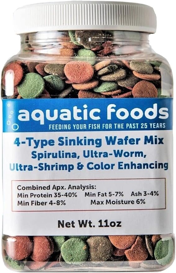 Aquatic Foods Inc. 4-Type 12mm - 1/2" Sinking Wafer Mix of Spirulina-Algae, Ultra-Worm, Ultra-Shrimp, Color Enhancing Wafers for Shrimp, Snails, Crabs, Crayfish, All Tropical Fish..11oz Small Jar