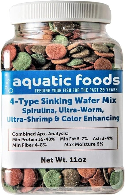 Aquatic Foods Inc. 4-Type 12mm - 1/2" Sinking Wafer Mix of Spirulina-Algae, Ultra-Worm, Ultra-Shrimp, Color Enhancing Wafers for Shrimp, Snails, Crabs, Crayfish, All Tropical Fish..11oz Small Jar