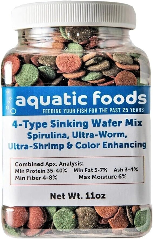 Aquatic Foods Inc. 4-Type 12mm - 1/2" Sinking Wafer Mix of Spirulina-Algae, Ultra-Worm, Ultra-Shrimp, Color Enhancing Wafers for Shrimp, Snails, Crabs, Crayfish, All Tropical Fish..11oz Small Jar