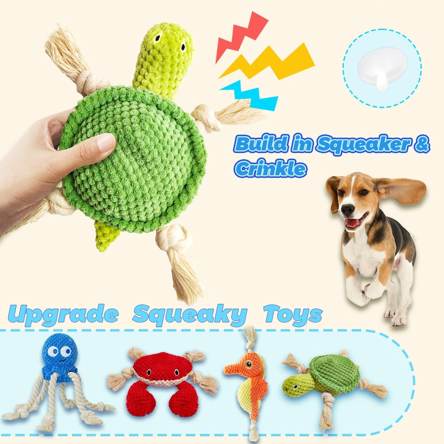 4-Pack Squeaky Dog Toys Set Sea Crinkle Plush Toy Rope Toys for Dogs Tug of War Toy & Oral Care Puppy Toys for Small Medium Large Dogs to Keep Them Busy: Stuffed Octopus, Crab,Seahorse,Turtle Pet Toys