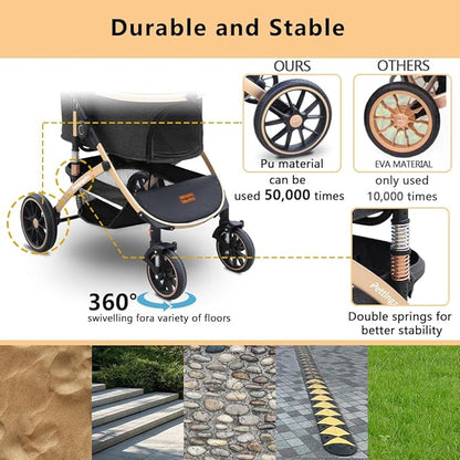 Pettingzoo Dog stroller with 4 Wheels, Folding Cat Stroller for Small/Medium/Large dogs & cats to 60 lbs, pet stroller with removable carrier, Storage Basket,Cup Holder,3 in1 Multifunctiona Detachable