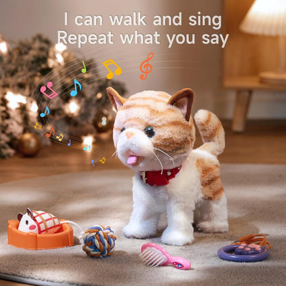 OR OR TU Walking Talking Toy Cat with Remote Control Leash, Plush Pet Electronic Interactive Toys for Kids, Wag Tail, Singing, Pretend Dress Up Realistic Stuffed Cat Age 3 4 5+ Years Old Best Gift