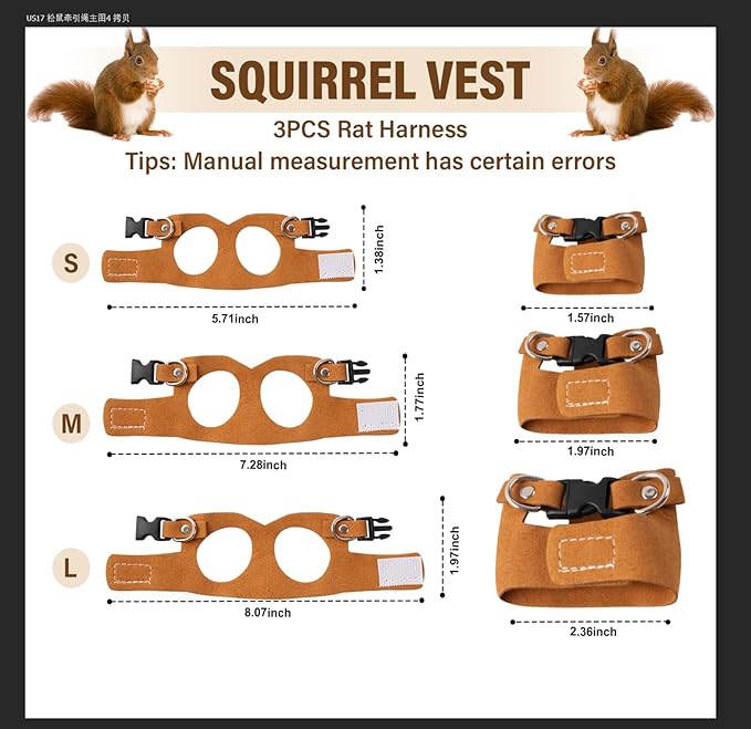 3Pcs Rat Harness and Leash, Small Animal Training Walking Vest Leash Adjustable Traction Rope Strap for Squirrel Gerbil Chinchilla Rat (Brown)