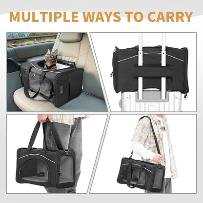 Petsfit Airline Approved Pet Carrier for Small Cats, 15x8x10 TSA Approved Carrier, with Removable Dual-Sided Padding (2-Way Placement) - Fits Under Most Airplane Seats, Escape Proof (Black)