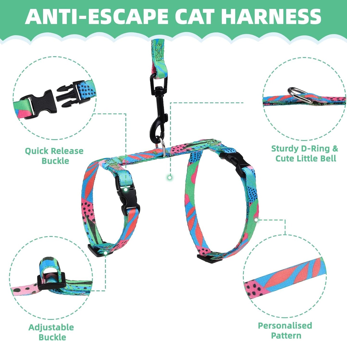 PAWCHIE Cat Harness and Leash Set, Cats Escape Proof-Adjustable Kitten Harness Lightweight Soft Outdoor Walking Travel Pet Safe Harness, Puppy Harness for Girl Cats Bunny Rabbit Small Dog, Green M