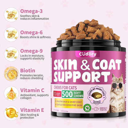 Omega 3 for Cats - 500 Skin & Coat Health Crunchy & Creamy Chews with Omega 3, Biotin & Vitamin E for Healthy Skin, Shiny Fur, Cat Supplements & Vitamins -Chicken Flavor