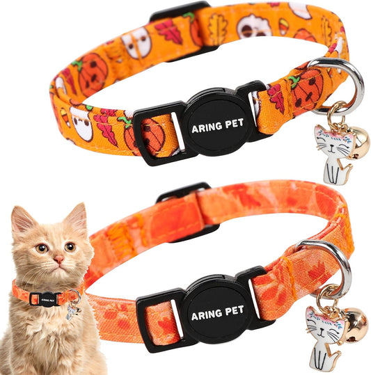 ARING PET 2 Pack Fall Cat Collars-Cute Cat Collar Breakaway with Bell & Pendant, Adjustable Fall&Halloween Kitten Collars with Safety Buckle for Girl and Boy Cats
