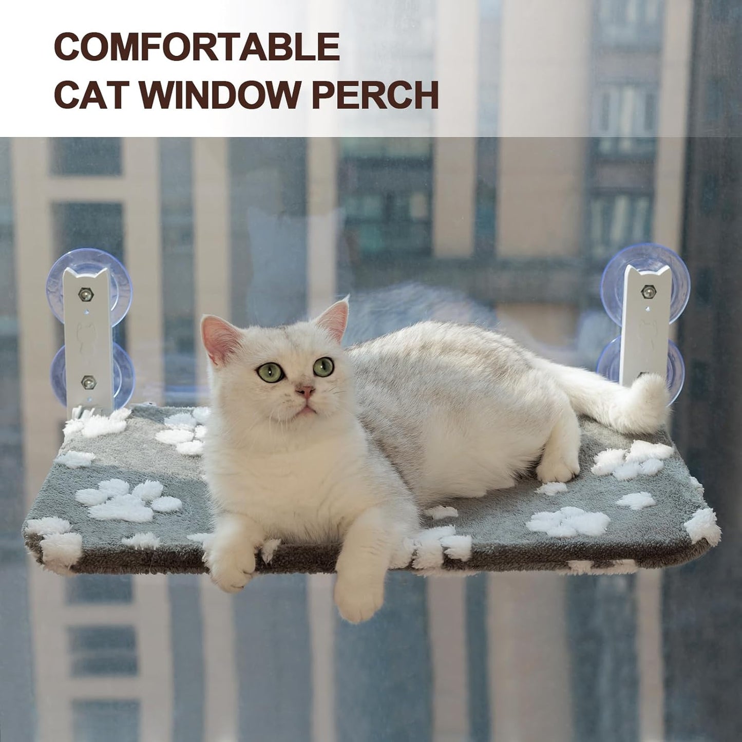 Cat Window Perch, Foldable Cat Window Hammock with Cute 3D Textured Paw Cover and Strong Suction Cups, Cordless Window Seat Bed for Indoor Cats (Grey, Large)