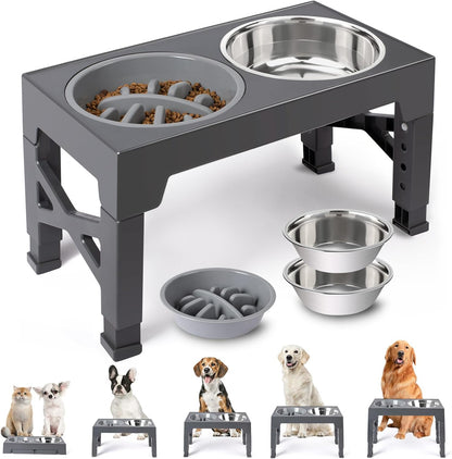 Heeyoo Elevated Dog Bowls - 5 Adjustable Heights Stand, 2 Stainless Steel Bowls & 1 Slow Feeder, Adjusts 3.2" to 12.2" for Small to Large Dogs