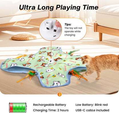 New Interactive Cat Toy for Indoor Cats Hide and Seek Cat Toy for Bored Indoor Adult Cats, Automatic Cat Kitten Toy with Moving Concealed Feathers, Non-Slip Suction, USB Rechargeable