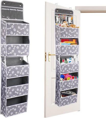 Dog Toy Basket - 5-Shelf Hanging Organizer with 2 Metal Hooks, 5 Pockets for Dog Leash, Harness, Toys & Treats - 62.5''(H) Bone Claw Print