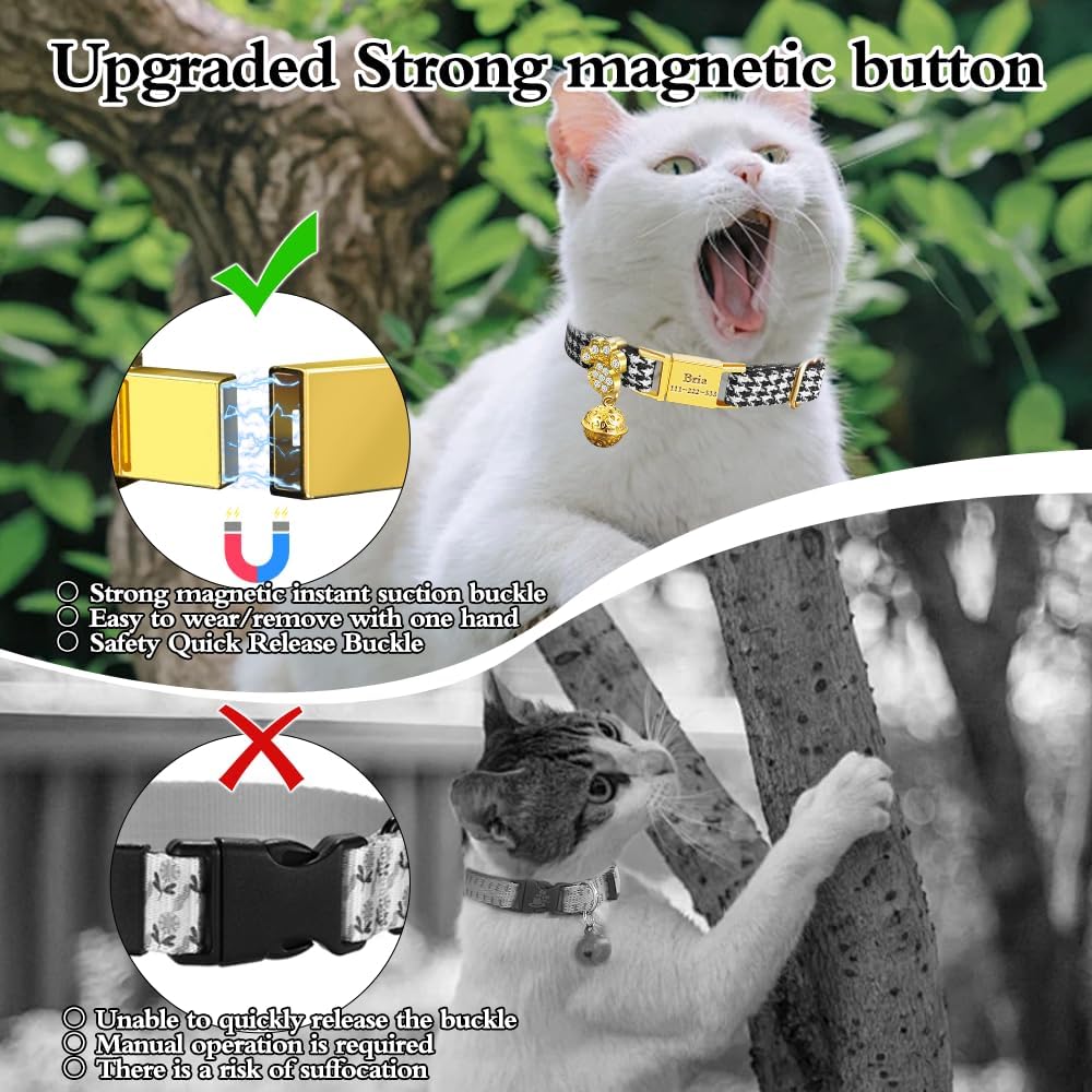 Personalized Breakaway Cat Collars - Magnetic Buckle, Bell - Safety Quick Release, Customized for Girls & Boys Cats- (Houndstooth-Black)