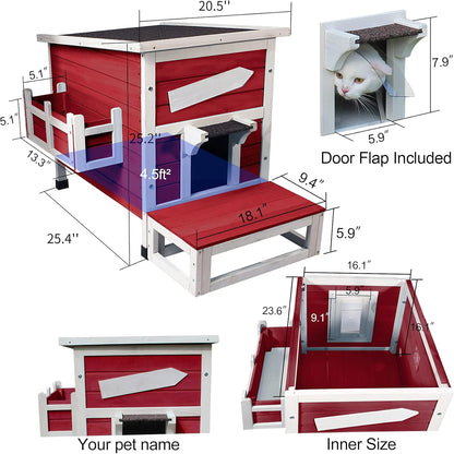 Rockever Outdoor Cat House, Large Outdoor Houses for Feral Cats Wooden Outside Cat Shelter Weatherproof with Escape Door-Red