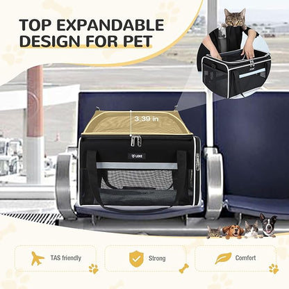 Lekereise Top-Expandable Pet Carrier - TSA Airline Approved Soft Sided Underseat Up to 15lbs Travel Carriers for Small Cats and Dogs with Locking Safety Zippers Anti-Scratch Mesh Black Large