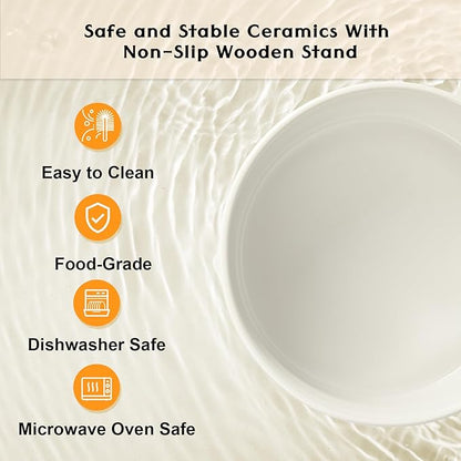 SPUNKYJUNKY Ceramic Elevated Dog Bowls 2 Pack - 5.1inch Raised Dog Bowls with Non-Slip Wooden Stand for Small Dogs Dishwasher Safe(White,13.5OZ*2)